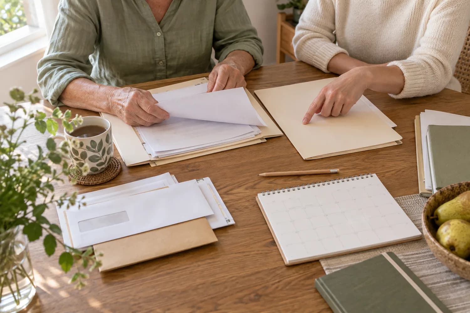 Deux personnes classent du courrier et préparent un dossier sur une table. Scène d’illustration.