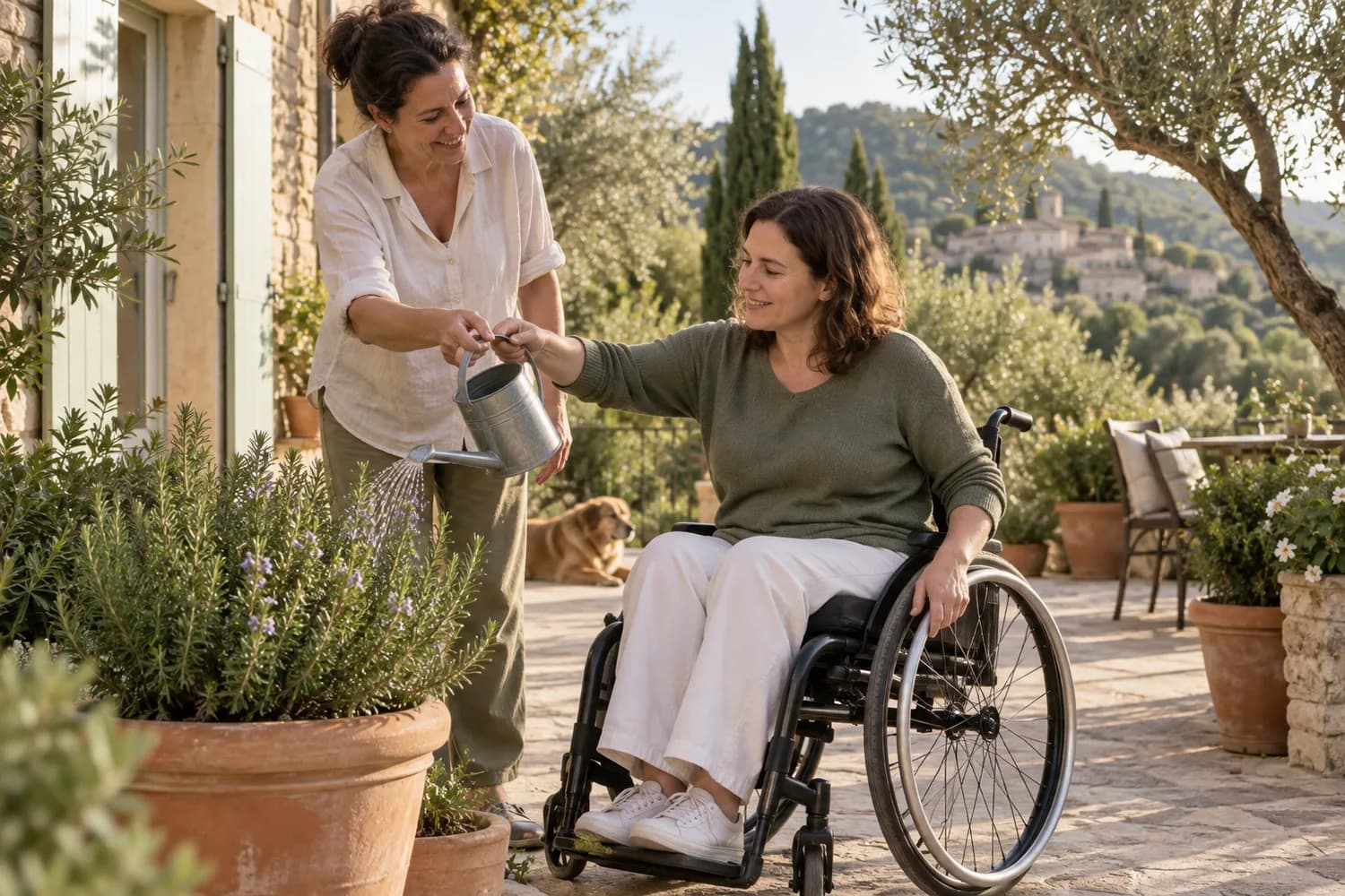 Une femme en fauteuil roulant arrose son romarin avec une accompagnante. Scène d’illustration.