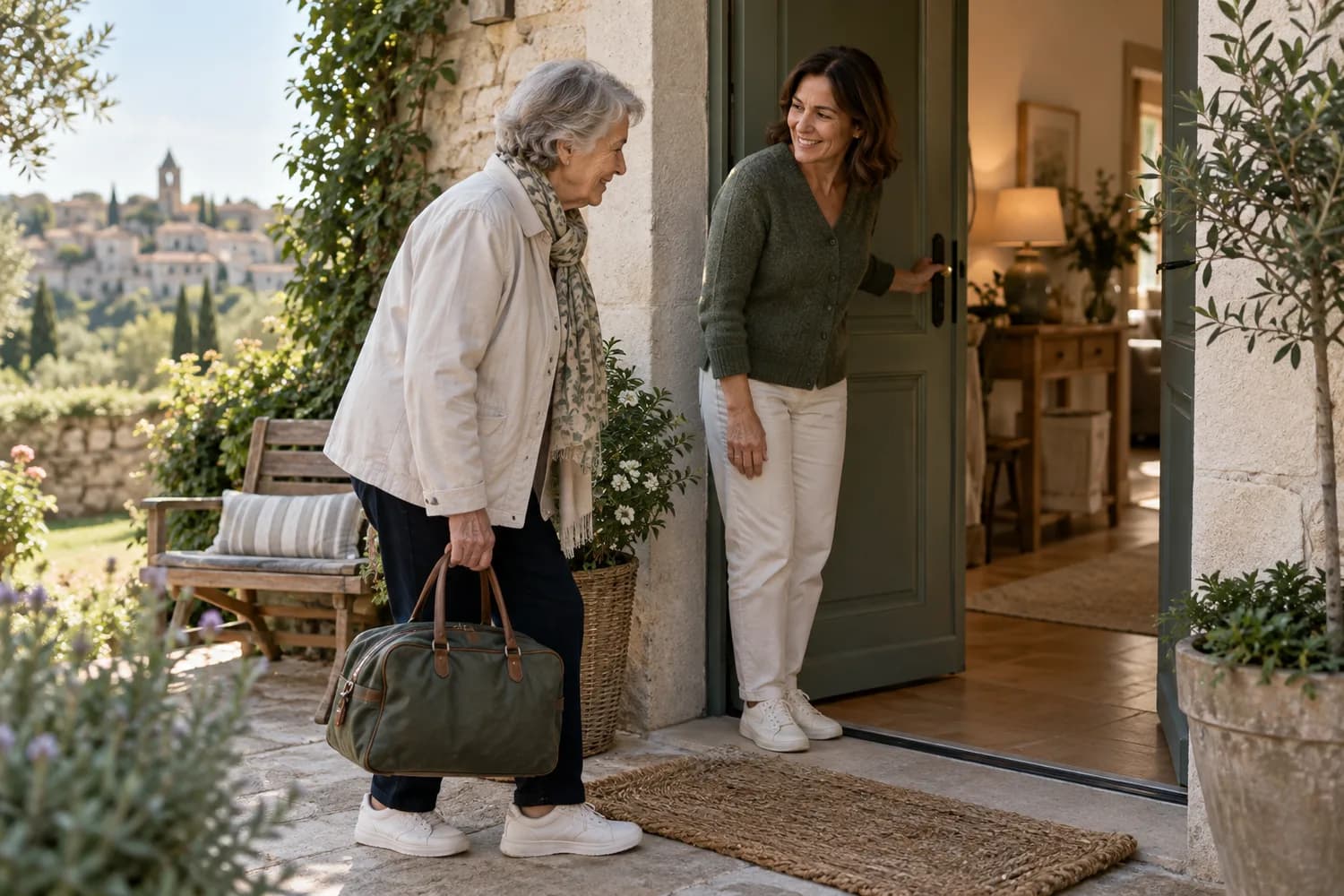 Une personne rentre chez elle avec son sac, accueillie à la porte par une accompagnante. Scène d’illustration.
